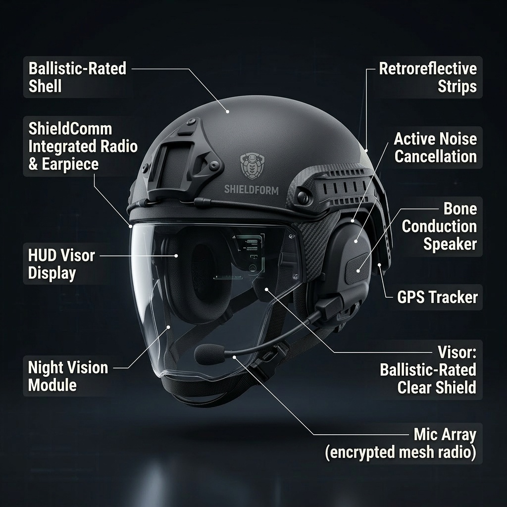 Ballistic helmet system with annotated feature callouts showing integrated ShieldComm, visor HUD, and protection layers