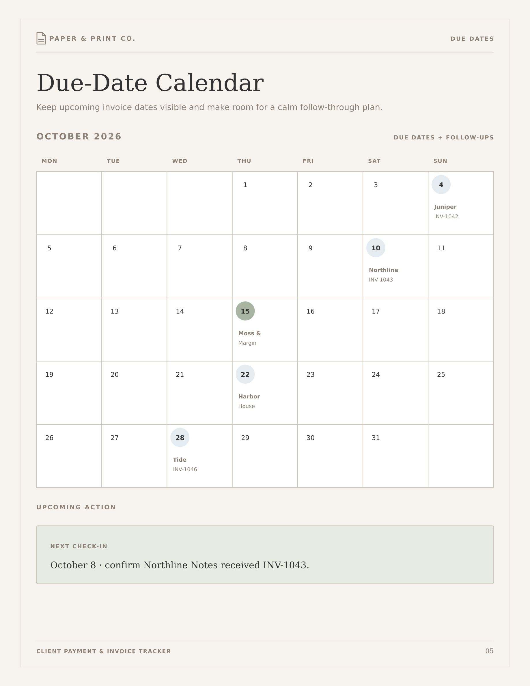 Client payment and invoice tracker due-date planning page