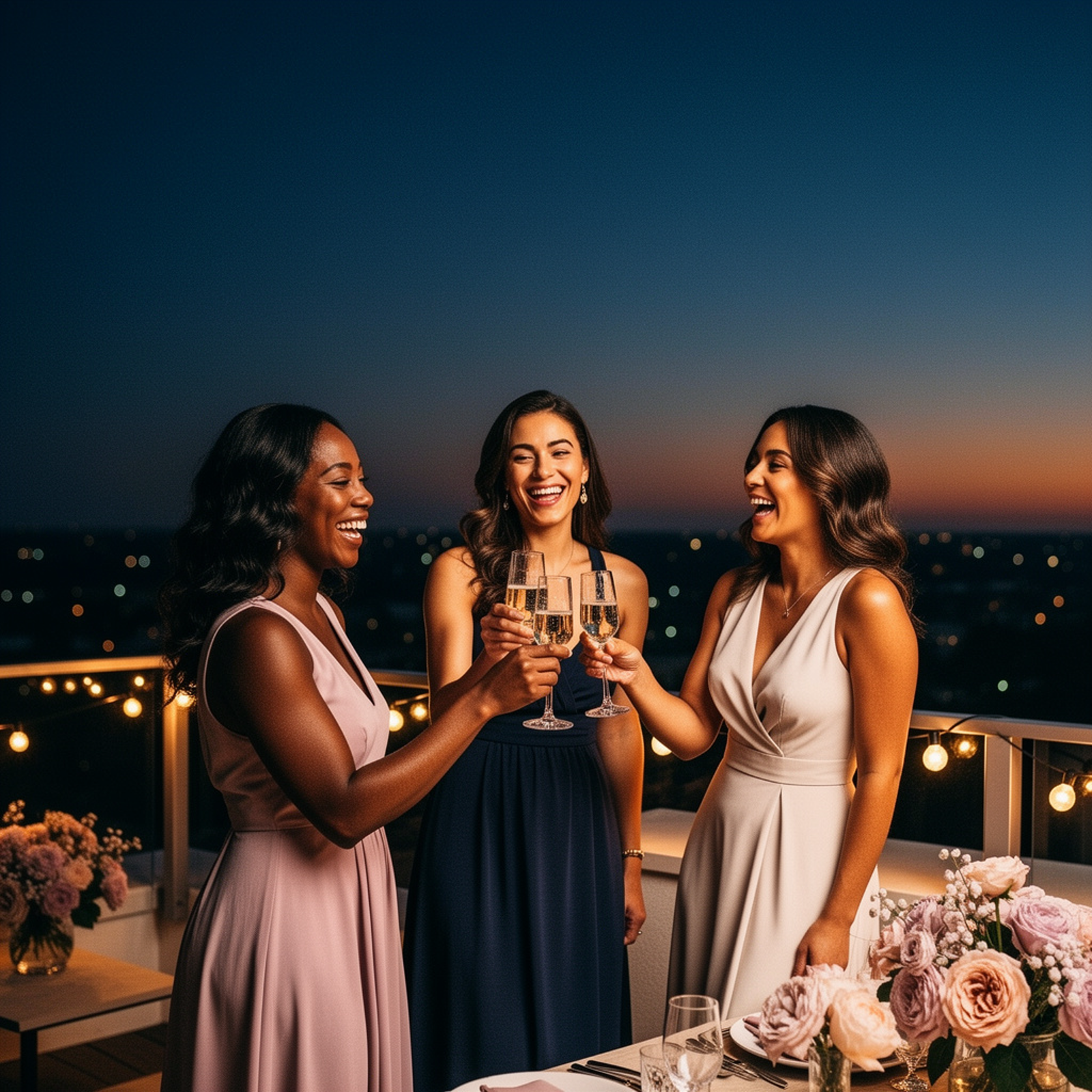 Friends raising glasses together on a rooftop at dusk.