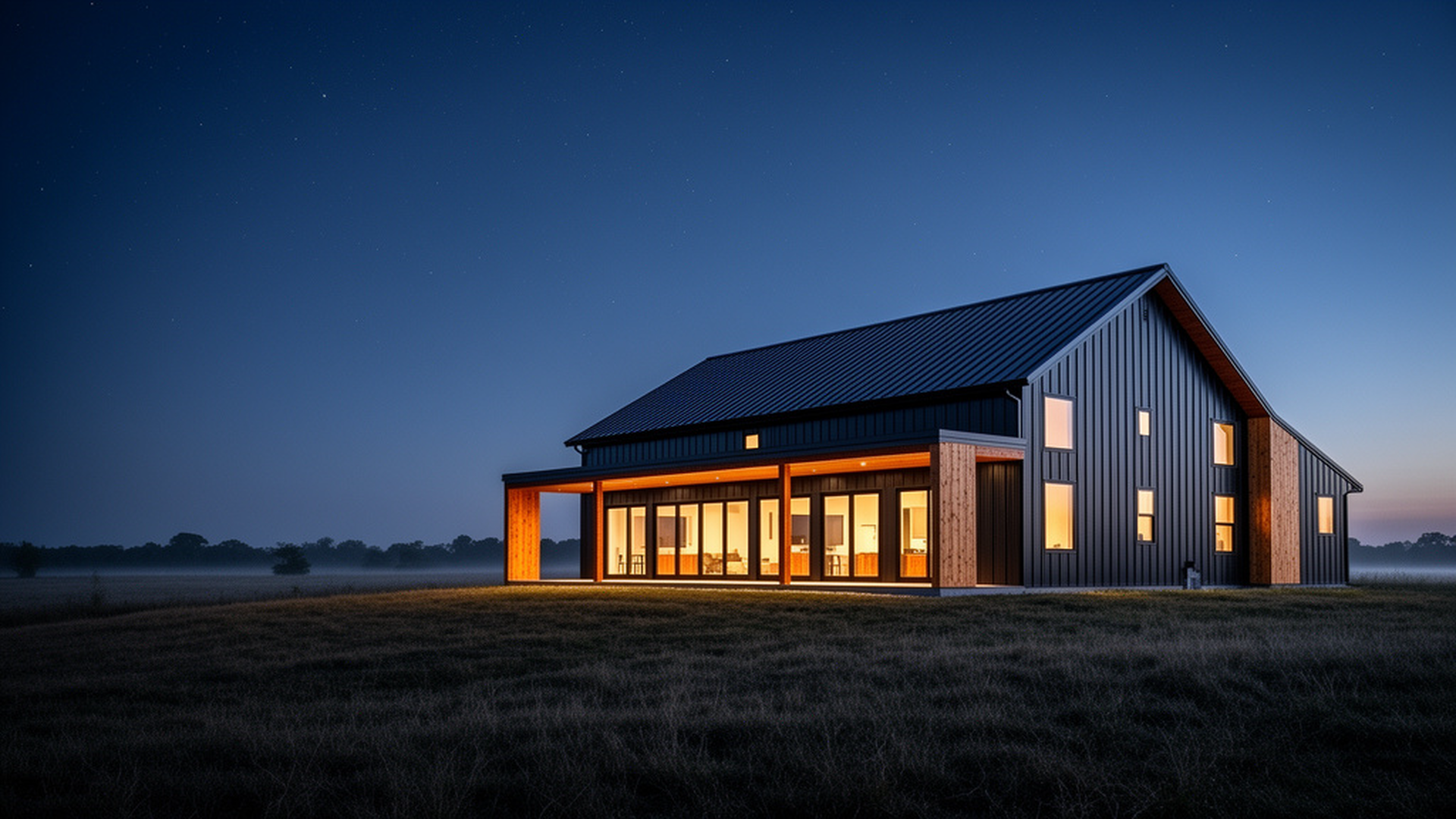 Modern black-steel and cedar barndominium at blue hour