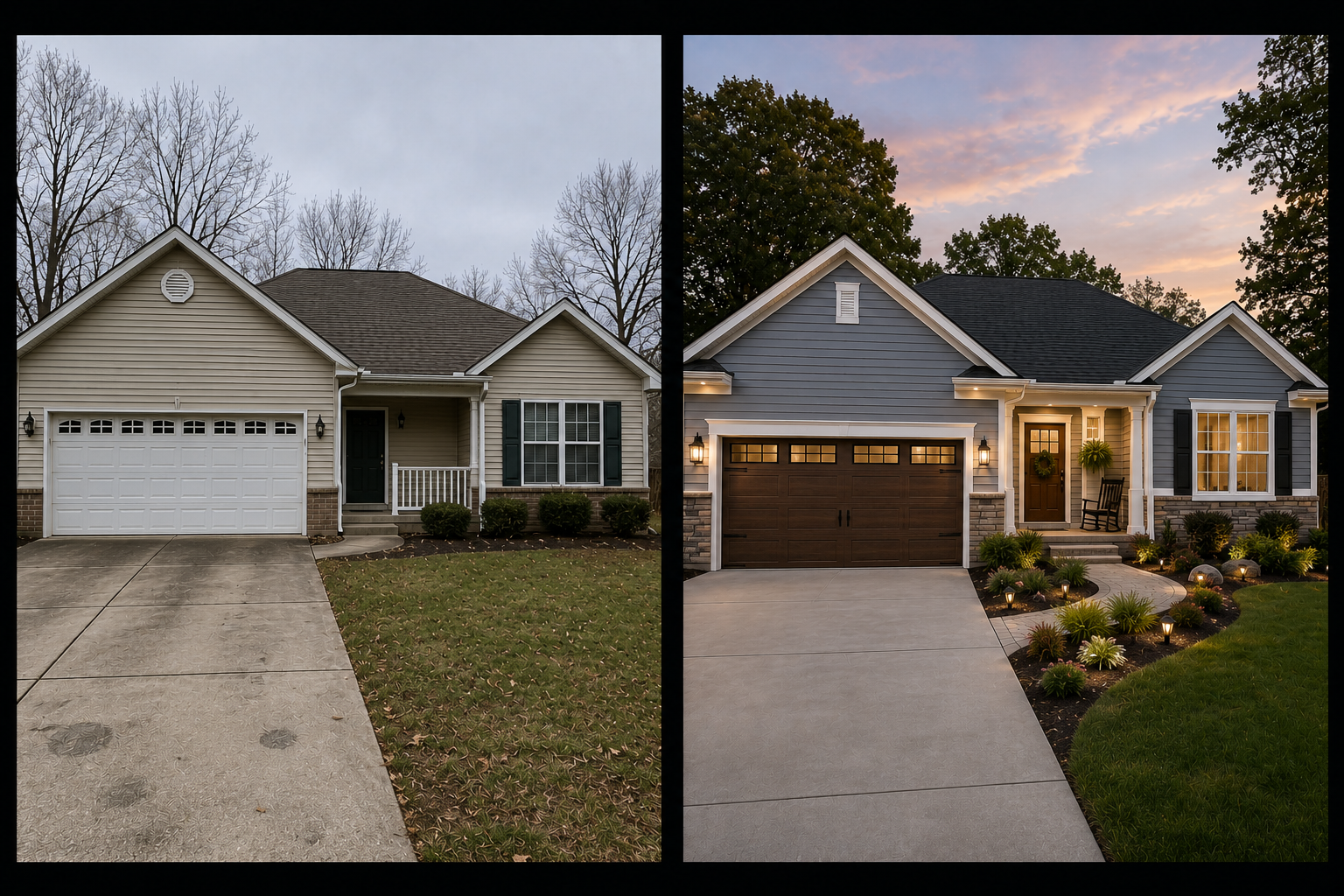 Before-and-after exterior transformation of a single-story home with charcoal-blue siding, a dark wood garage door, stone details, and illuminated front landscaping