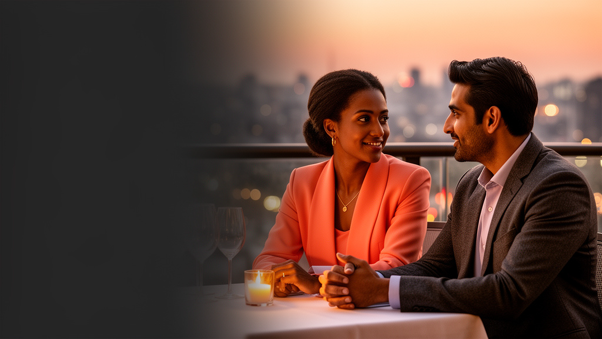 An adult woman and man sharing an evening dinner date with city lights beyond the terrace.