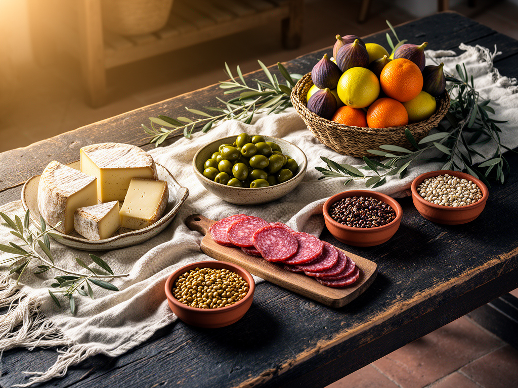 Rustic Mediterranean pantry table with linen and shared dishes, shown as cooking inspiration