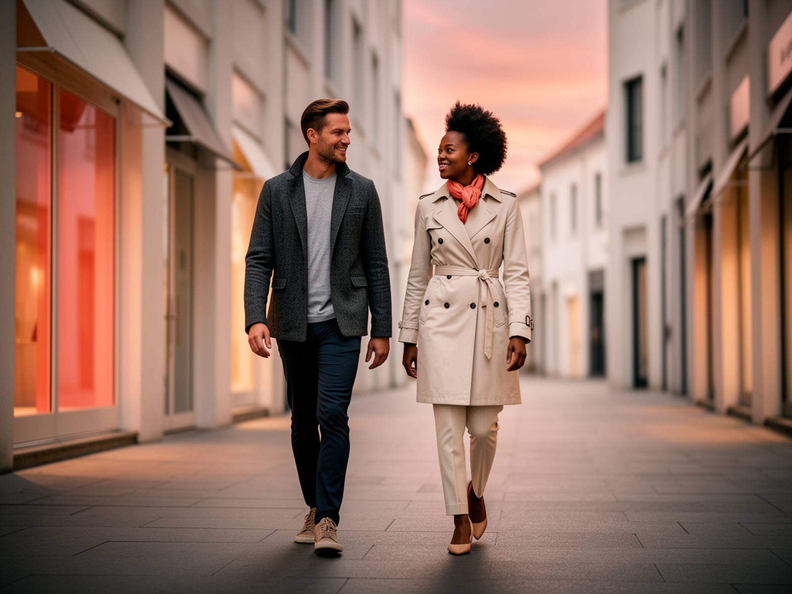 An adult man and woman enjoying a relaxed walk through the city at sunset.