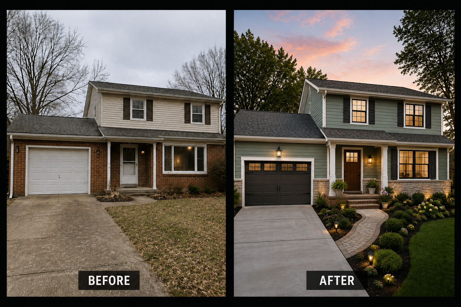 Before-and-after exterior transformation of a two-story brick home with sage green siding, a dark garage door, and a landscaped front path