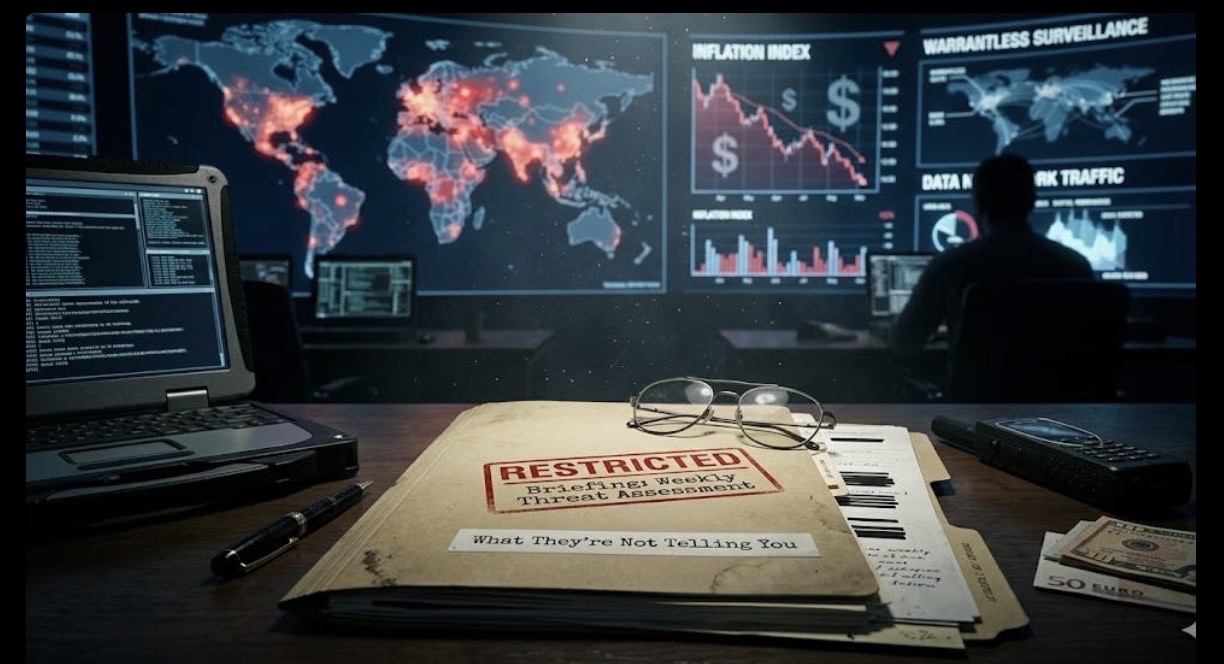 Research desk with a laptop, source folder, eyeglasses, and global data displays.