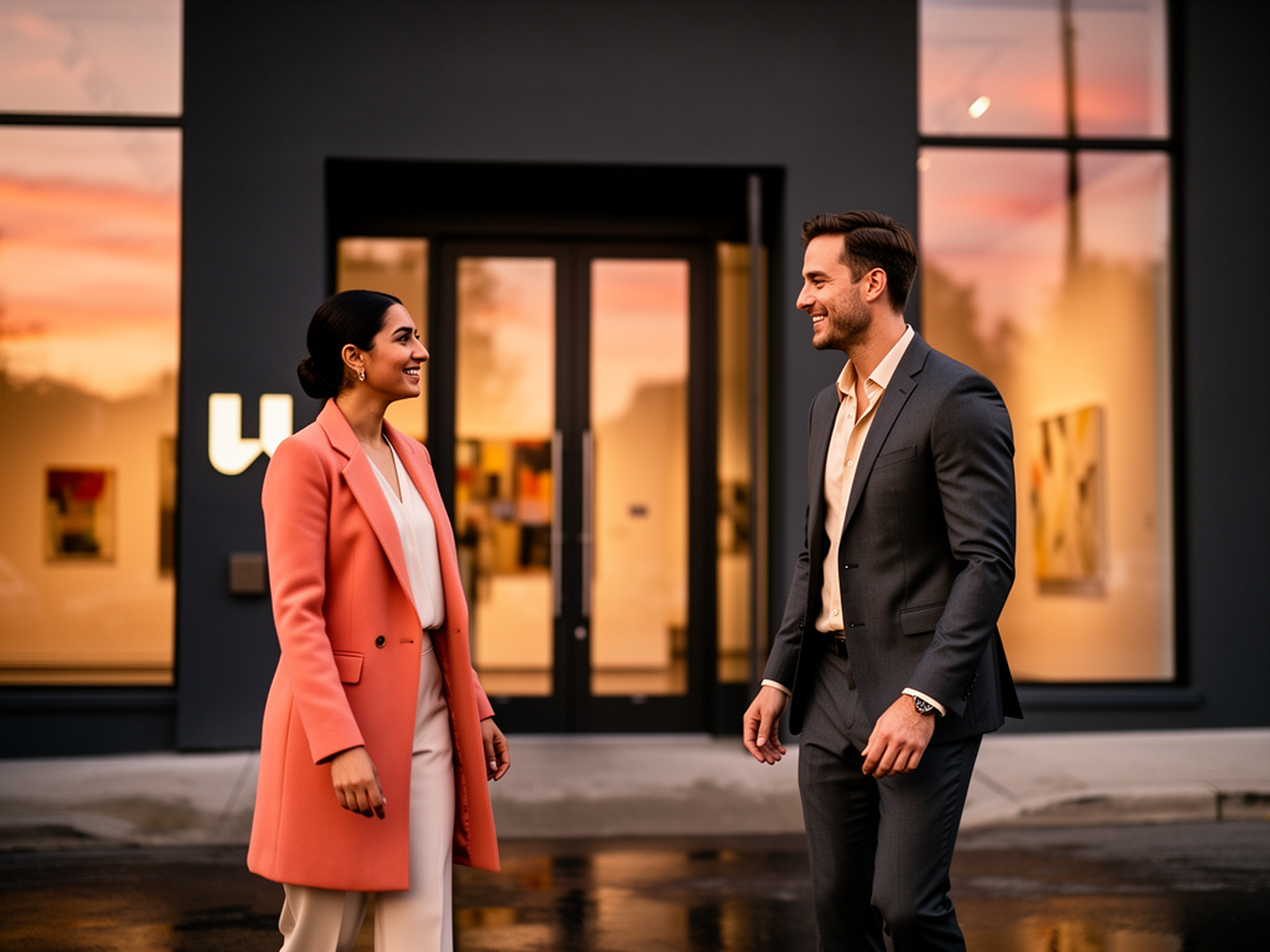 An adult woman and man greeting each other outside a softly lit gallery at dusk.