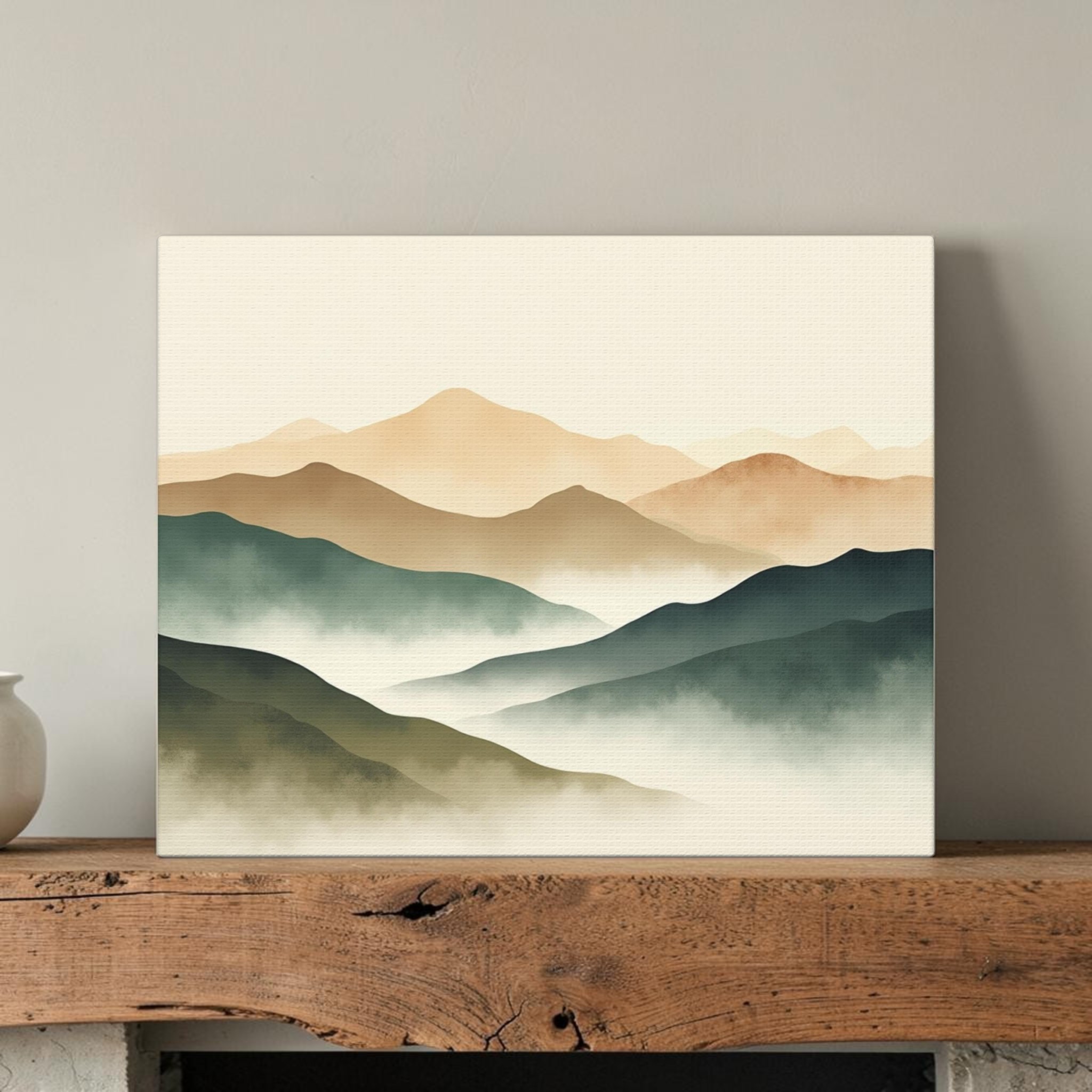 Minimal watercolor mountain landscape canvas displayed on a rustic wood mantel
