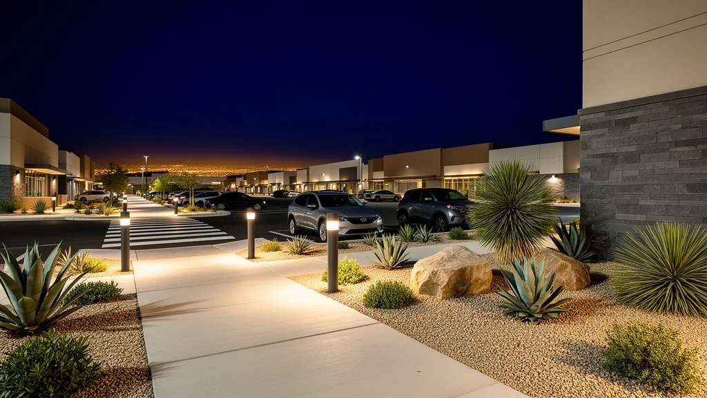 Well-lit sidewalk and parking area near Las Vegas commercial buildings at dusk.