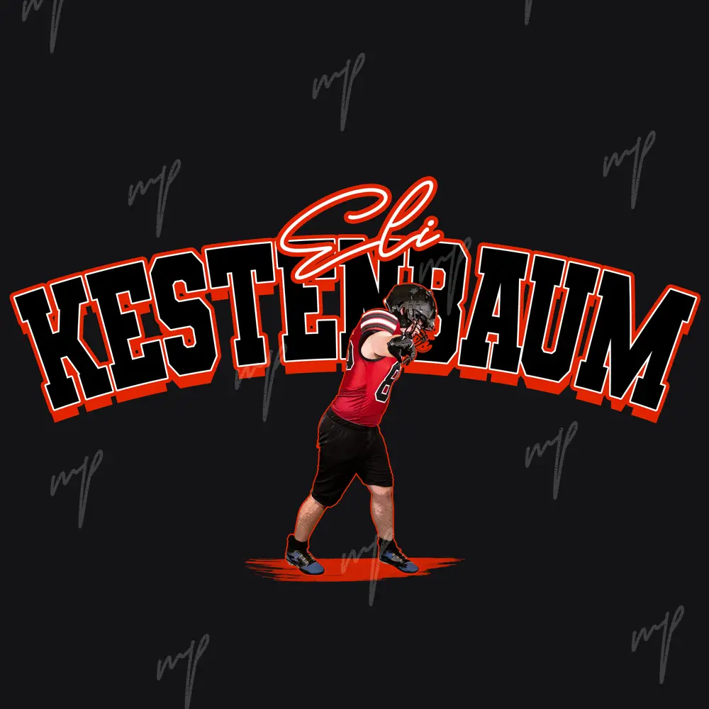 A football player layered across oversized red and white block lettering.