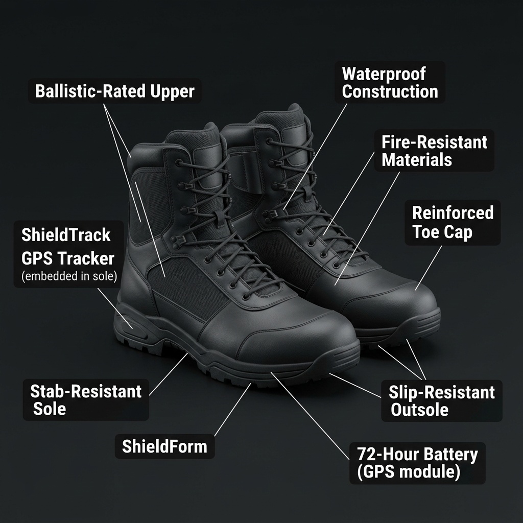 Ballistic boot system with annotated feature callouts showing ShieldTrack GPS and ballistic protection layers