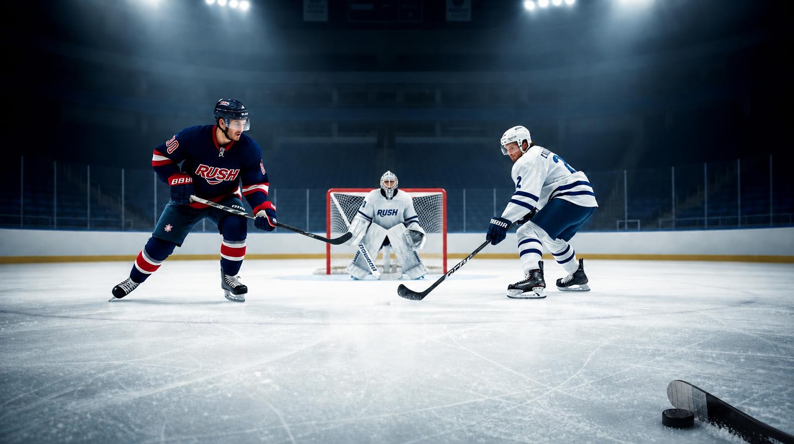 First-person 2-on-1 hockey scene with a teammate, defender, and goalie ahead, and only the stick blade and puck visible in the lower-right foreground.