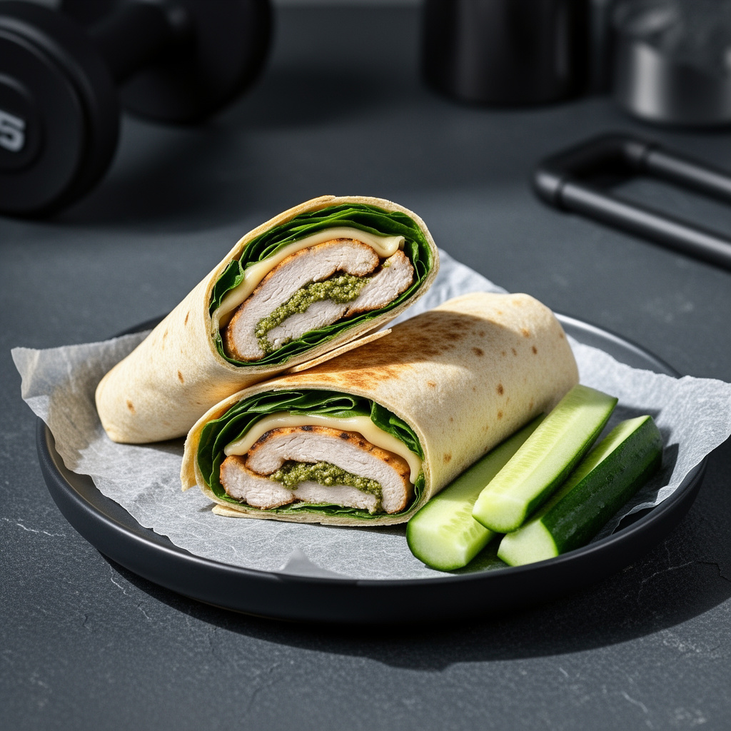 Turkey pesto wrap cut in half with spinach and cucumber on a charcoal plate