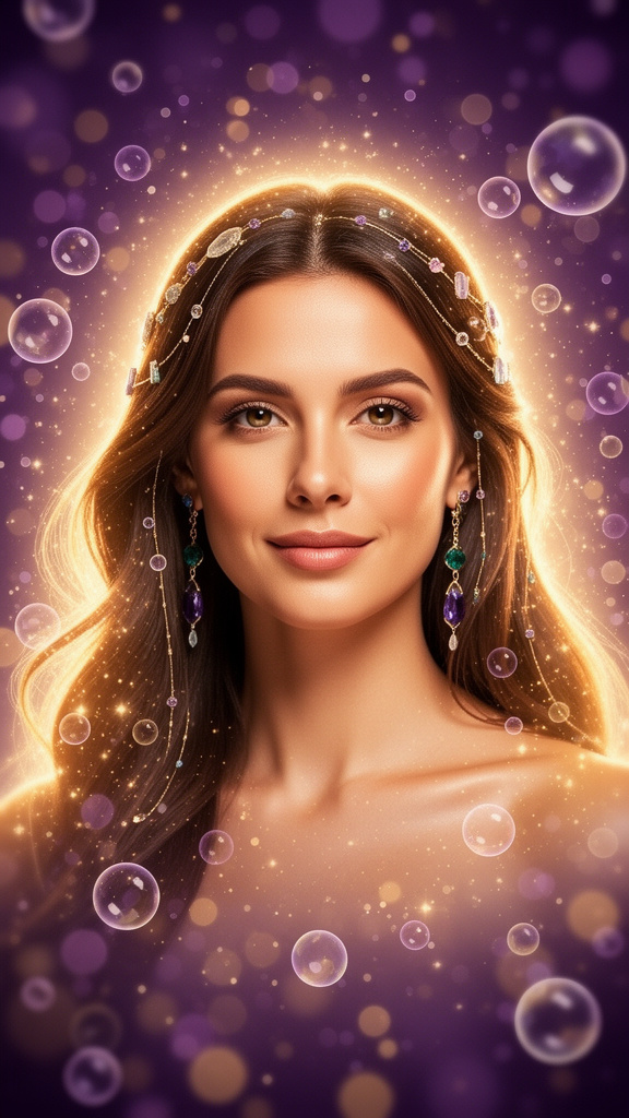 Glowing portrait surrounded by lilac and gold light