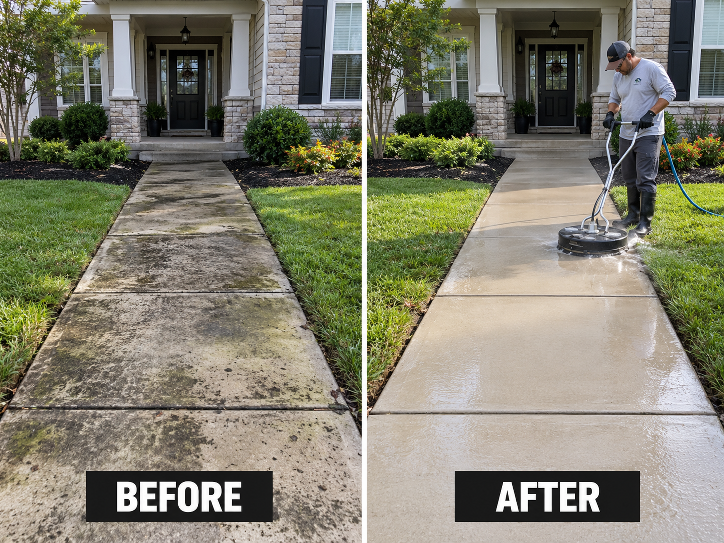 Sidewalk before and after pressure washing, with a technician cleaning the finished side.