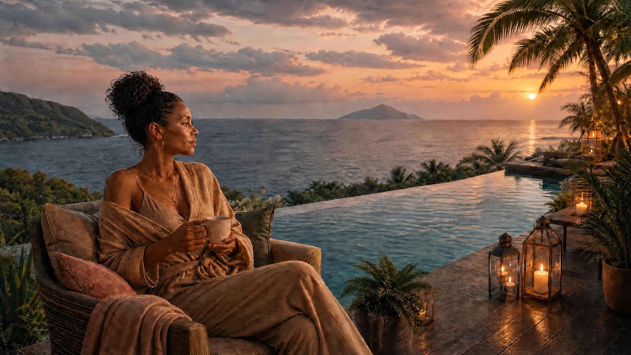 Black woman relaxing beside a tropical sunset pool