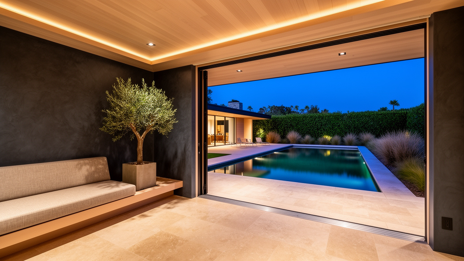 Illustrative living room opening to a pool terrace at dusk
