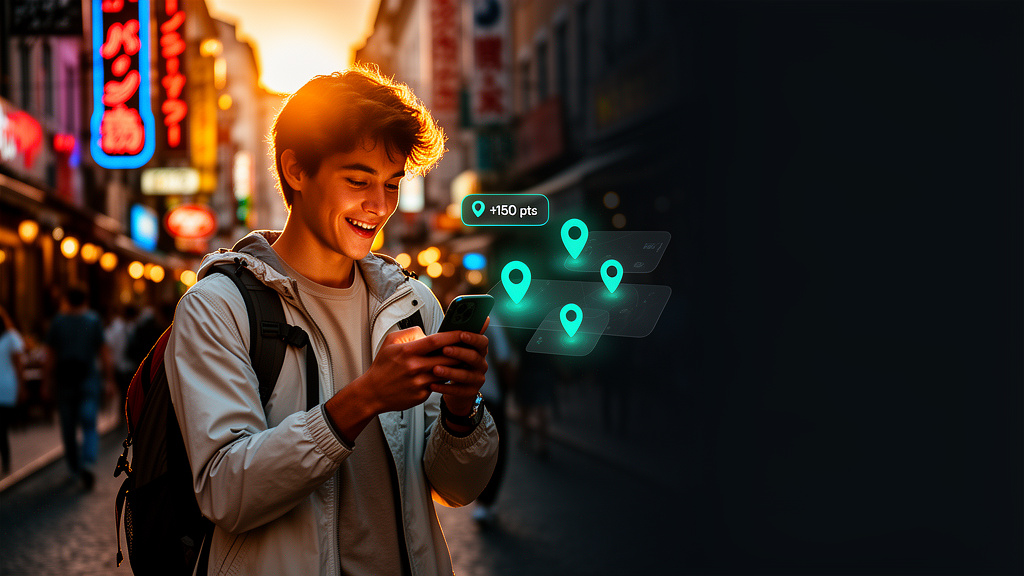 Roamio hero — adventurer exploring a vibrant city with AI challenges