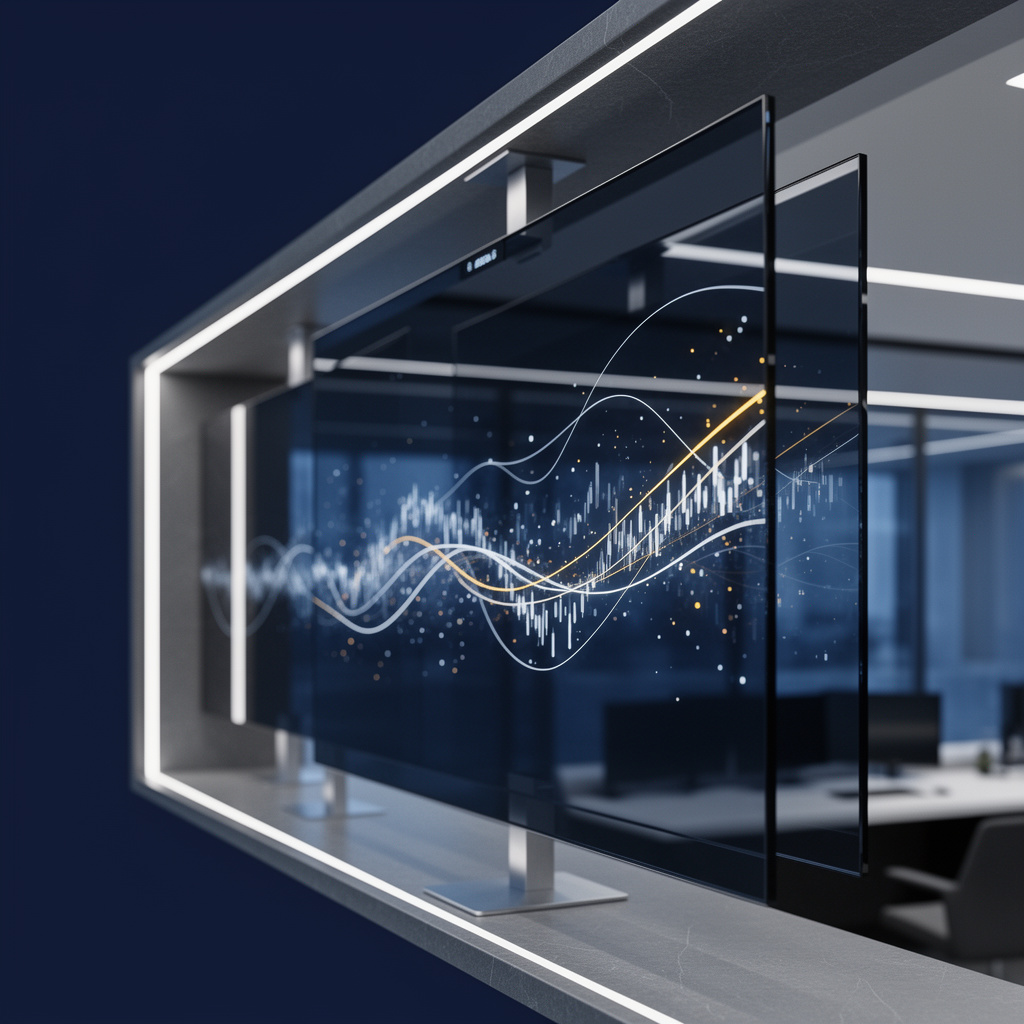 Abstract stock-exchange display architecture with blue market lights and a restrained gold accent