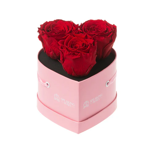 The Bloom Luxe heart-shaped pink box with three roses