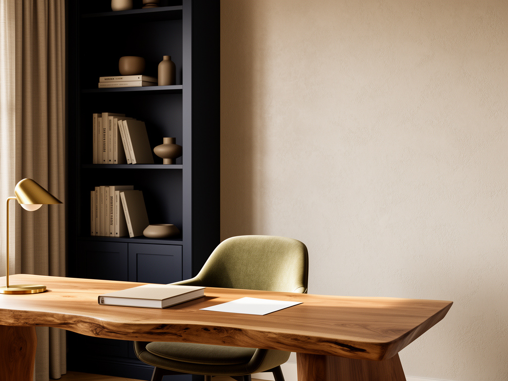 Warm home office with a sculptural oak desk, sage chair, and dark shelving