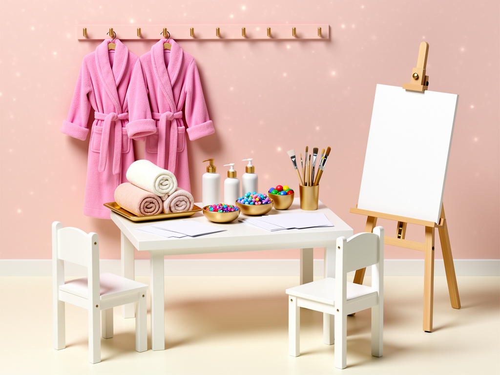 Illustration of a kids’ spa and craft station with robes, towels, art supplies, and an easel.