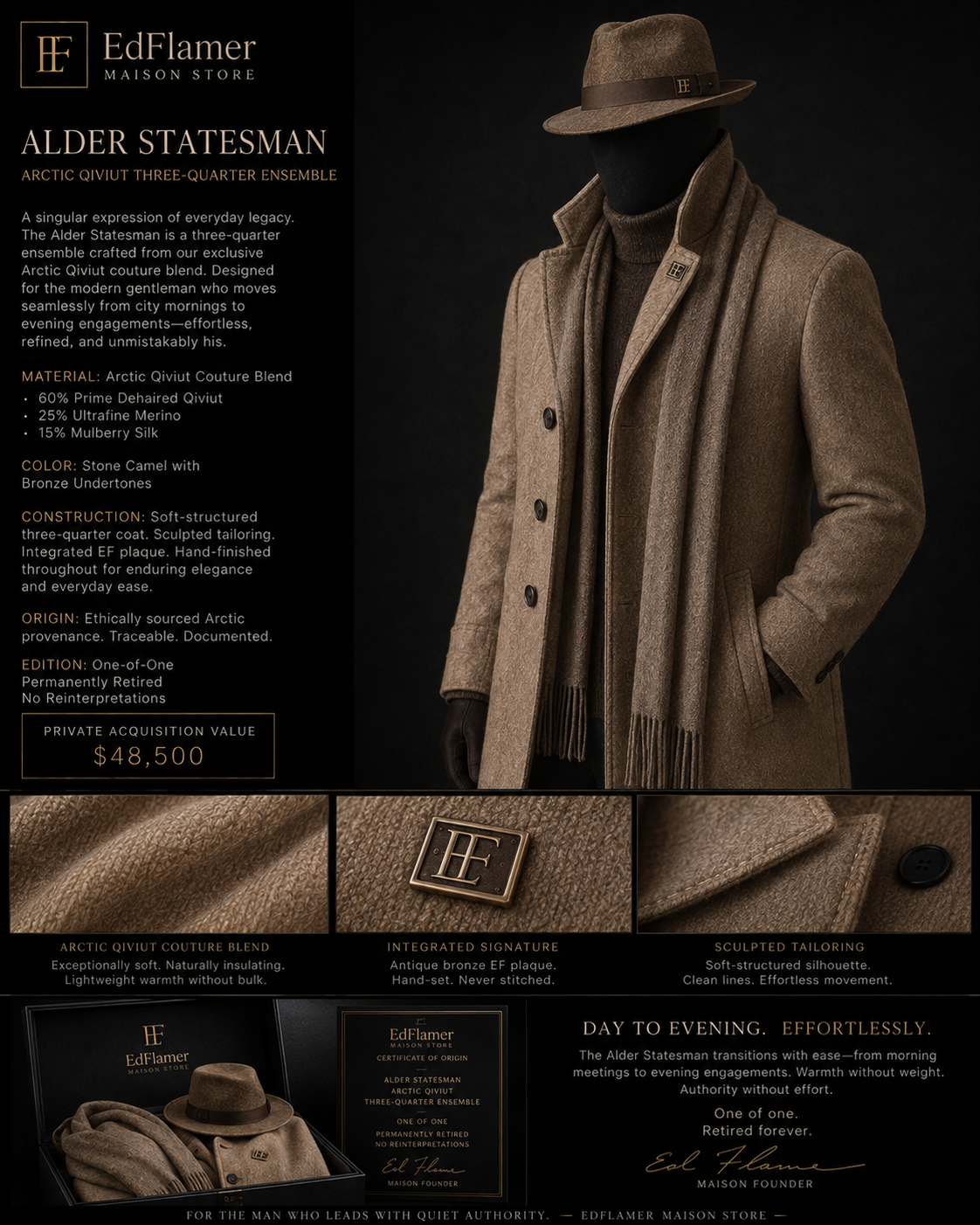 Alder Statesman concept board with a stone-camel tailored ensemble and complete written material panel