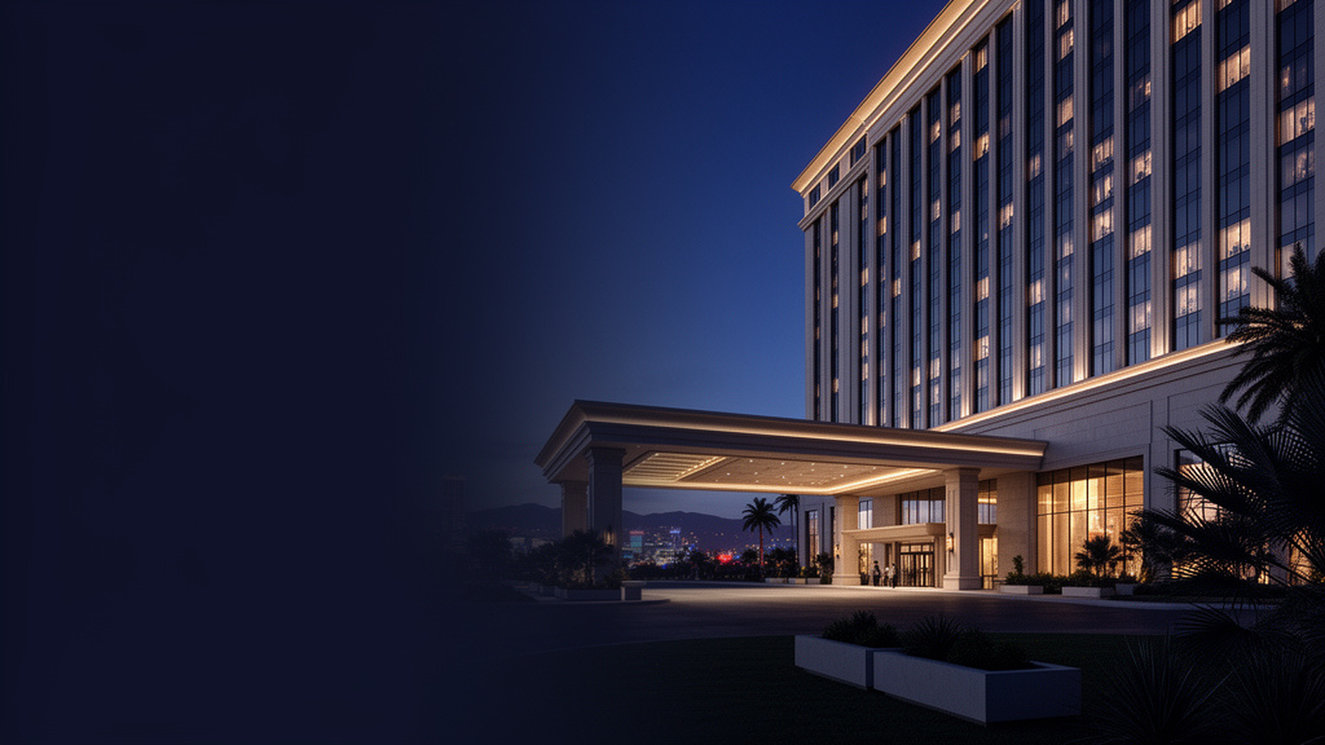 Unbranded Las Vegas hotel and casino district at dusk.