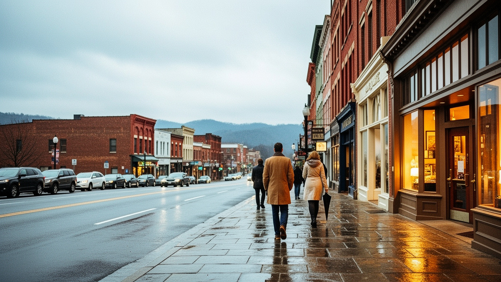 People walking along a rain-slicked downtown Asheville street lined with independent storefronts