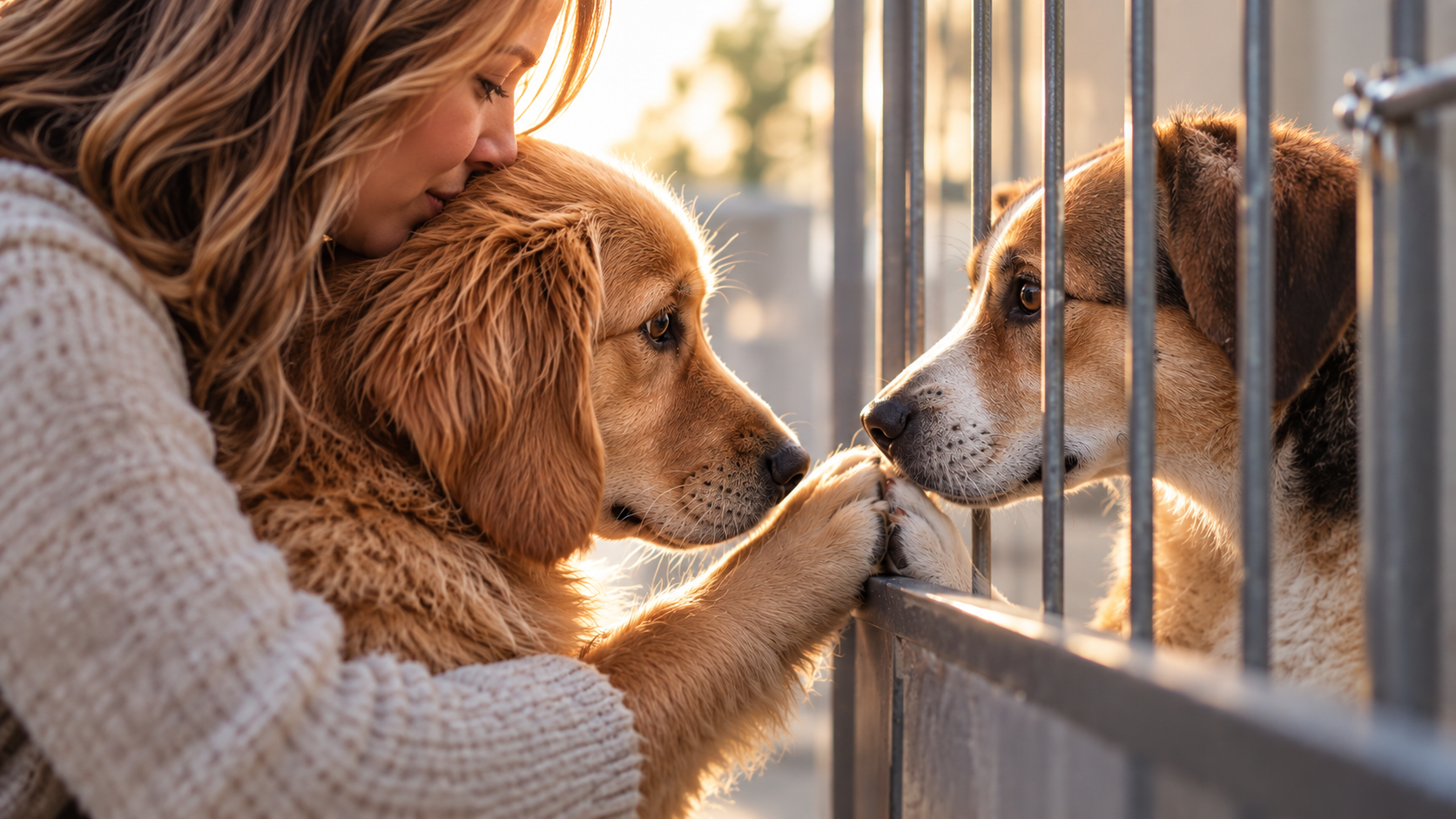 A person holding their golden dog close as it meets a shelter dog through a kennel gate
