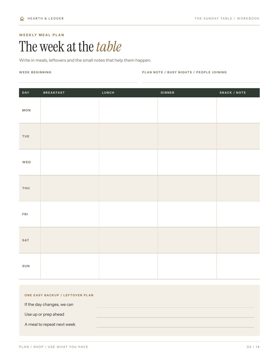 A weekly meal plan you can fill in on your iPad