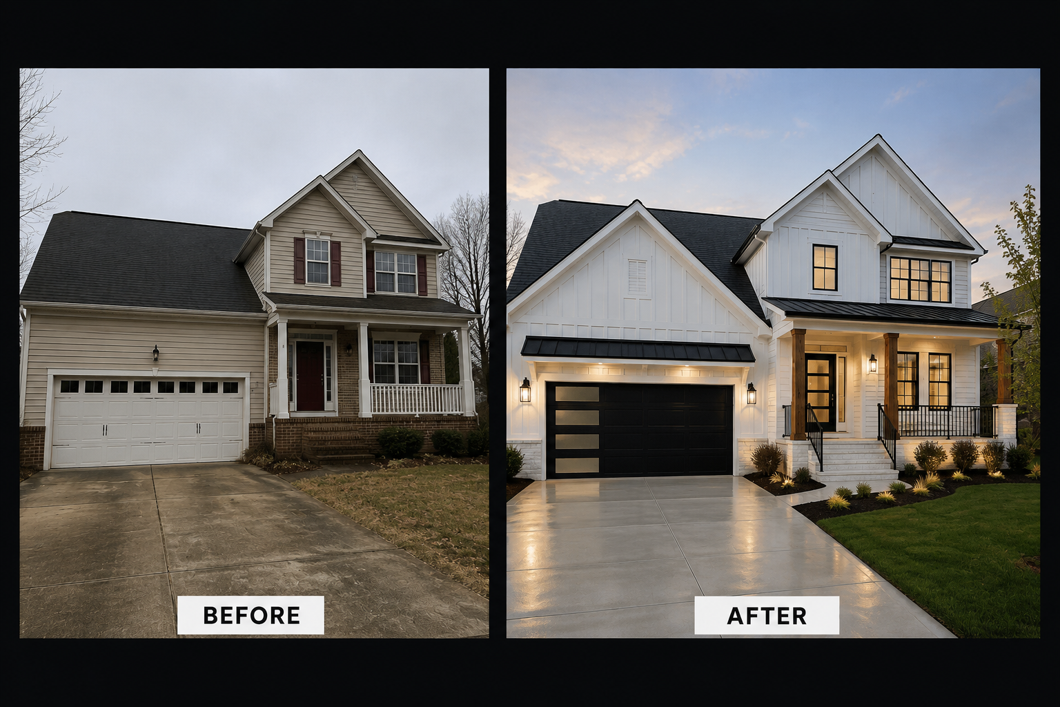 Before-and-after exterior transformation of a two-story suburban home with a white modern farmhouse update, black garage door, and refreshed landscaping