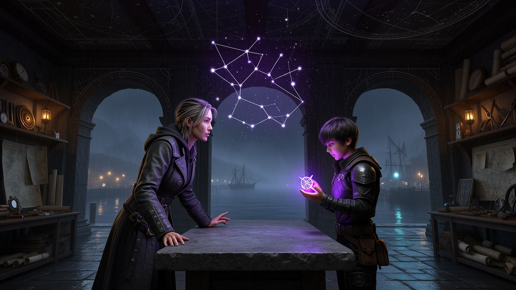A harbor cartographer and adventurer study a floating constellation inside Astral Harbor’s navigation archive.