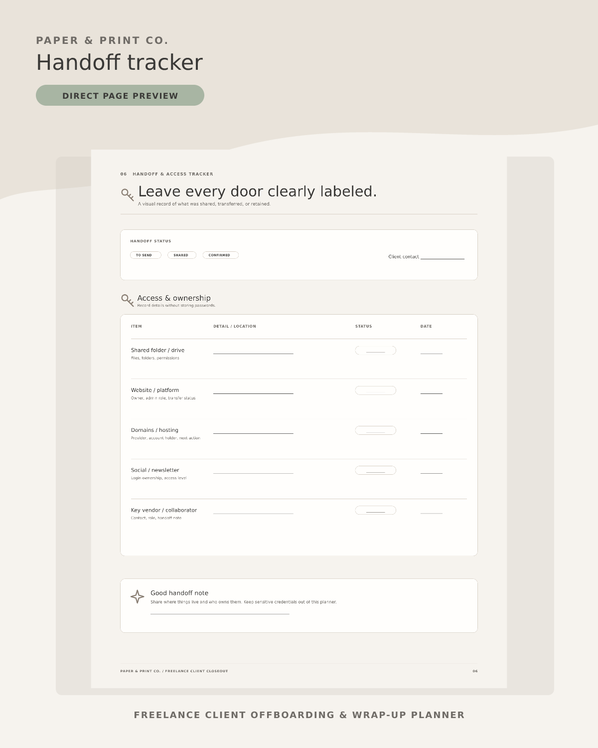 Client offboarding planner handoff tracker page