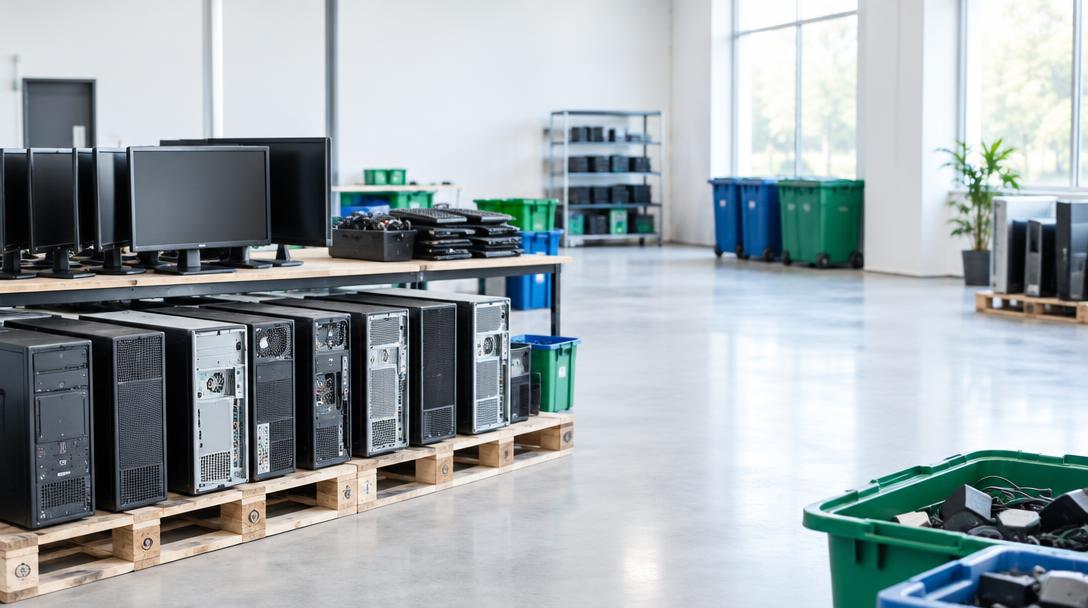 Illustrative electronics sorting area with monitors and computer equipment prepared for recycling