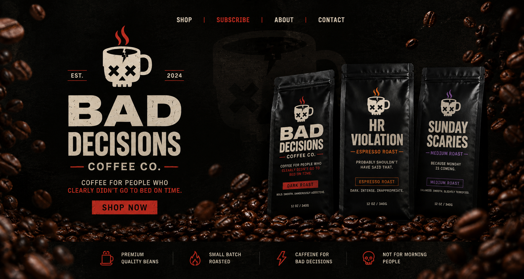 Bad Decisions Coffee Co. launch artwork featuring the three first-drop coffee bags.