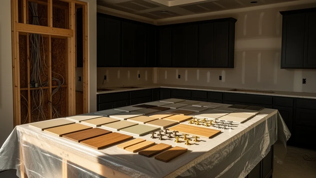 Kitchen under construction with finish samples on a worktable