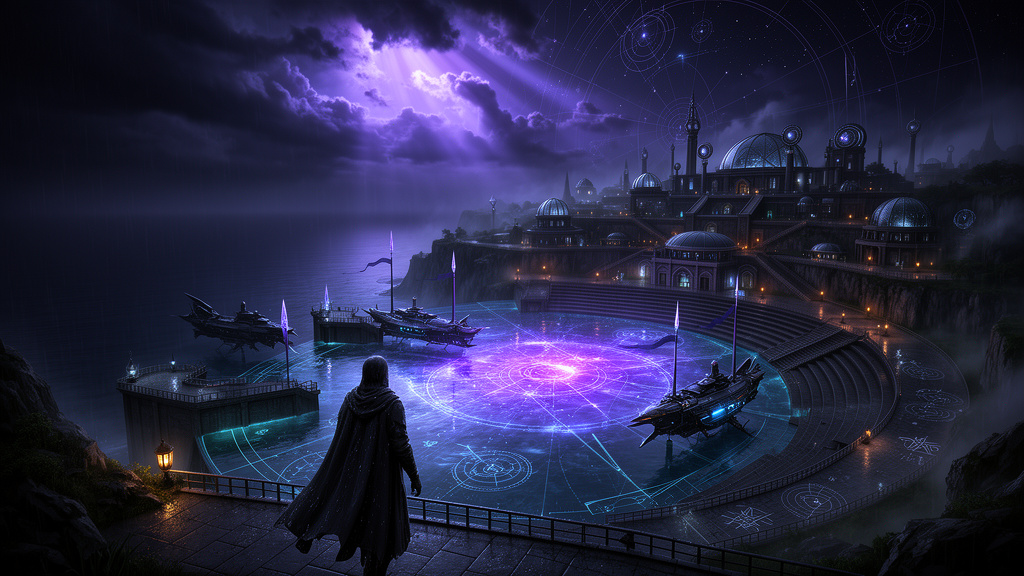 Astral Harbor at night, with violet astral tide water, curved stone piers, moored airships, and an adventurer overlooking the harbor.