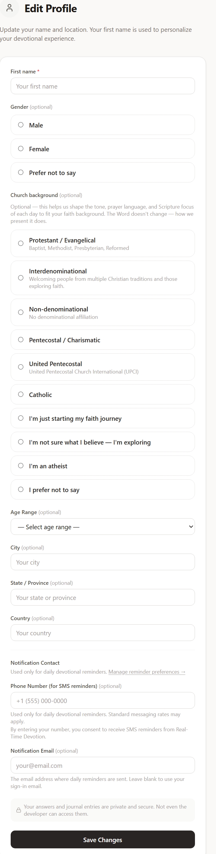 Edit Profile screen showing denomination, age, and notification settings