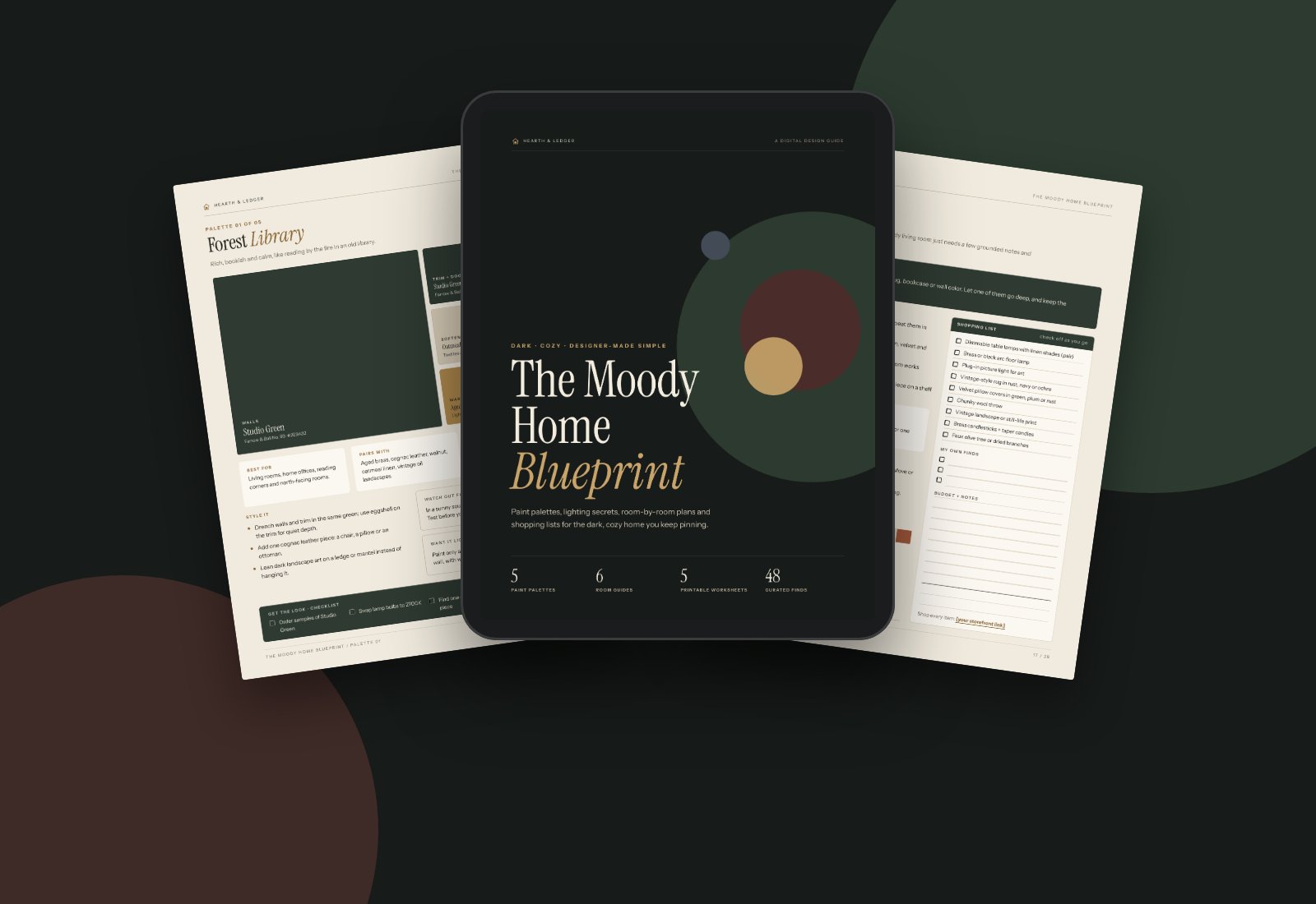 The Moody Home Blueprint guide on a tablet, open to the Forest Library paint palette.