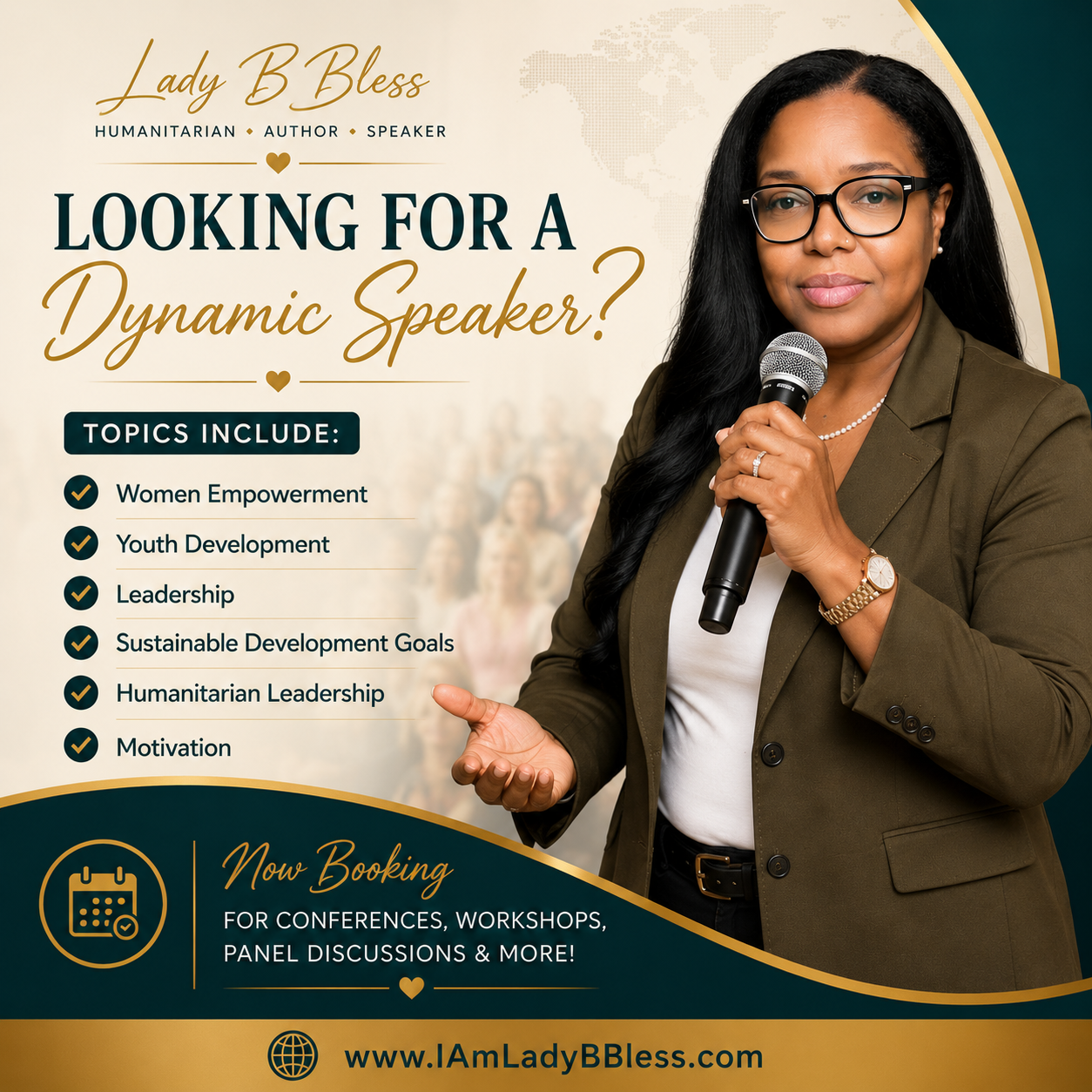 Lady B Bless speaker booking graphic featuring her portrait and speaking engagement information