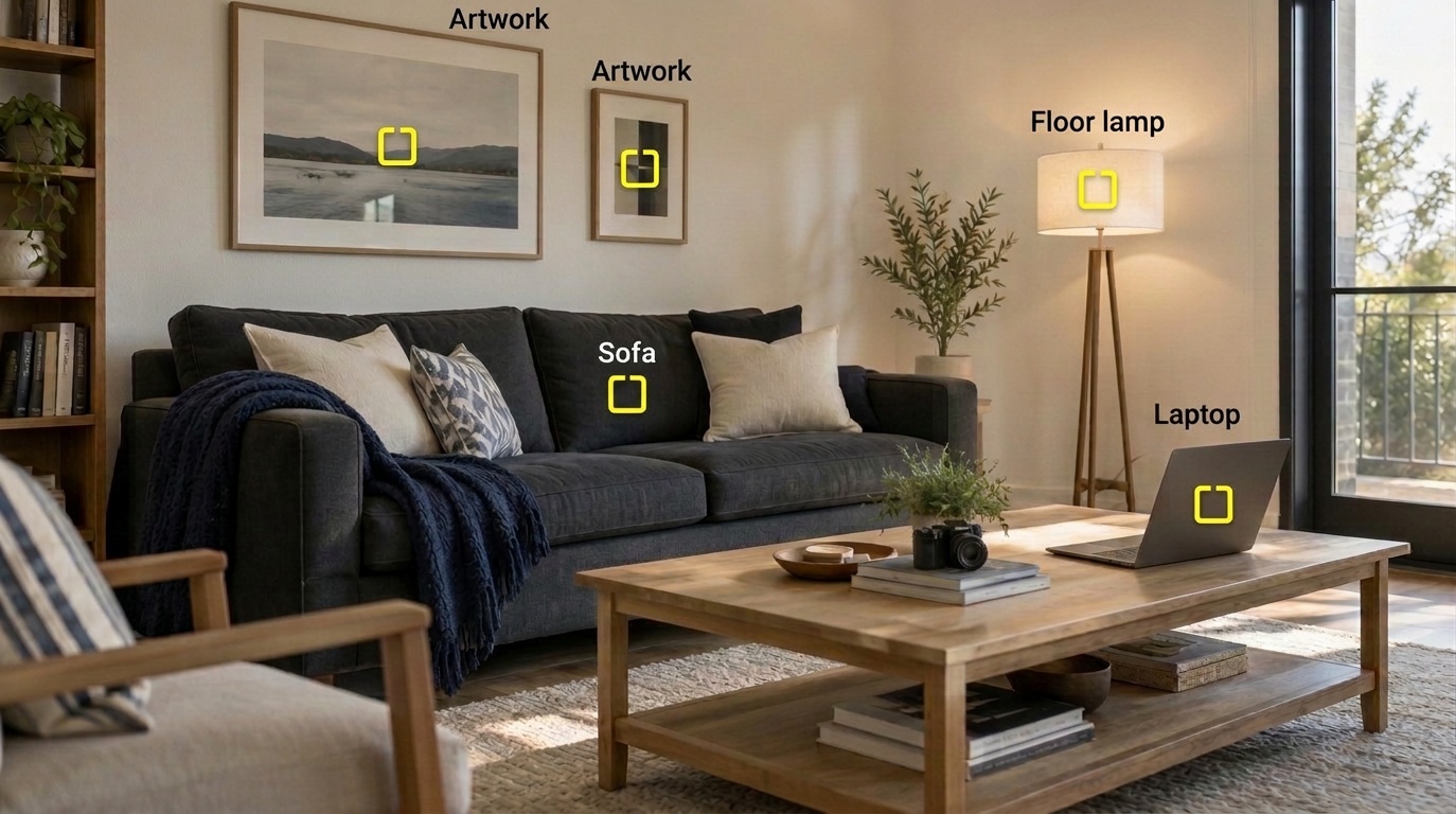Sample scan preview showing highlighted household objects including a sofa, floor lamp, laptop, and coffee table.