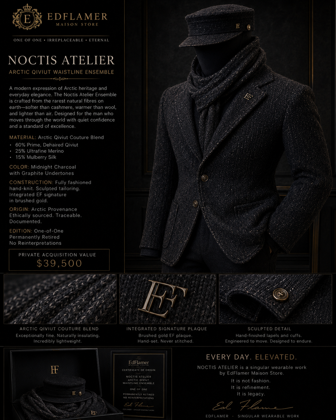 Noctis Atelier concept board showing a graphite-black waistline ensemble with cap, scarf, textile close-ups, and written material panel.
