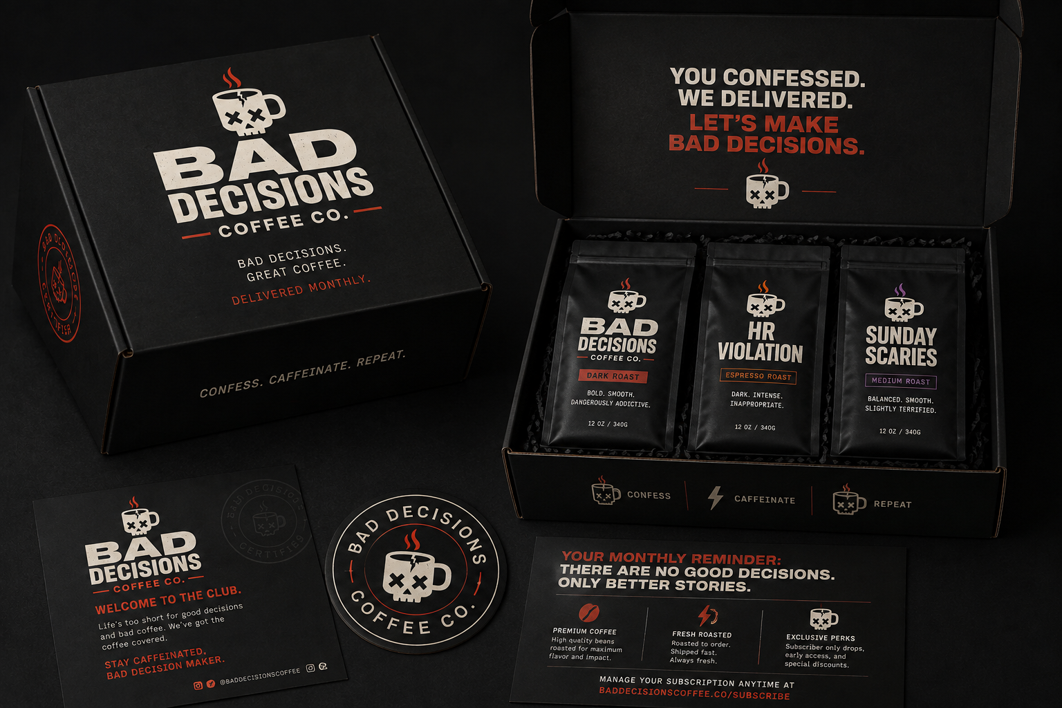 Bad Decisions Coffee Co. presentation box and first-drop coffee collection.
