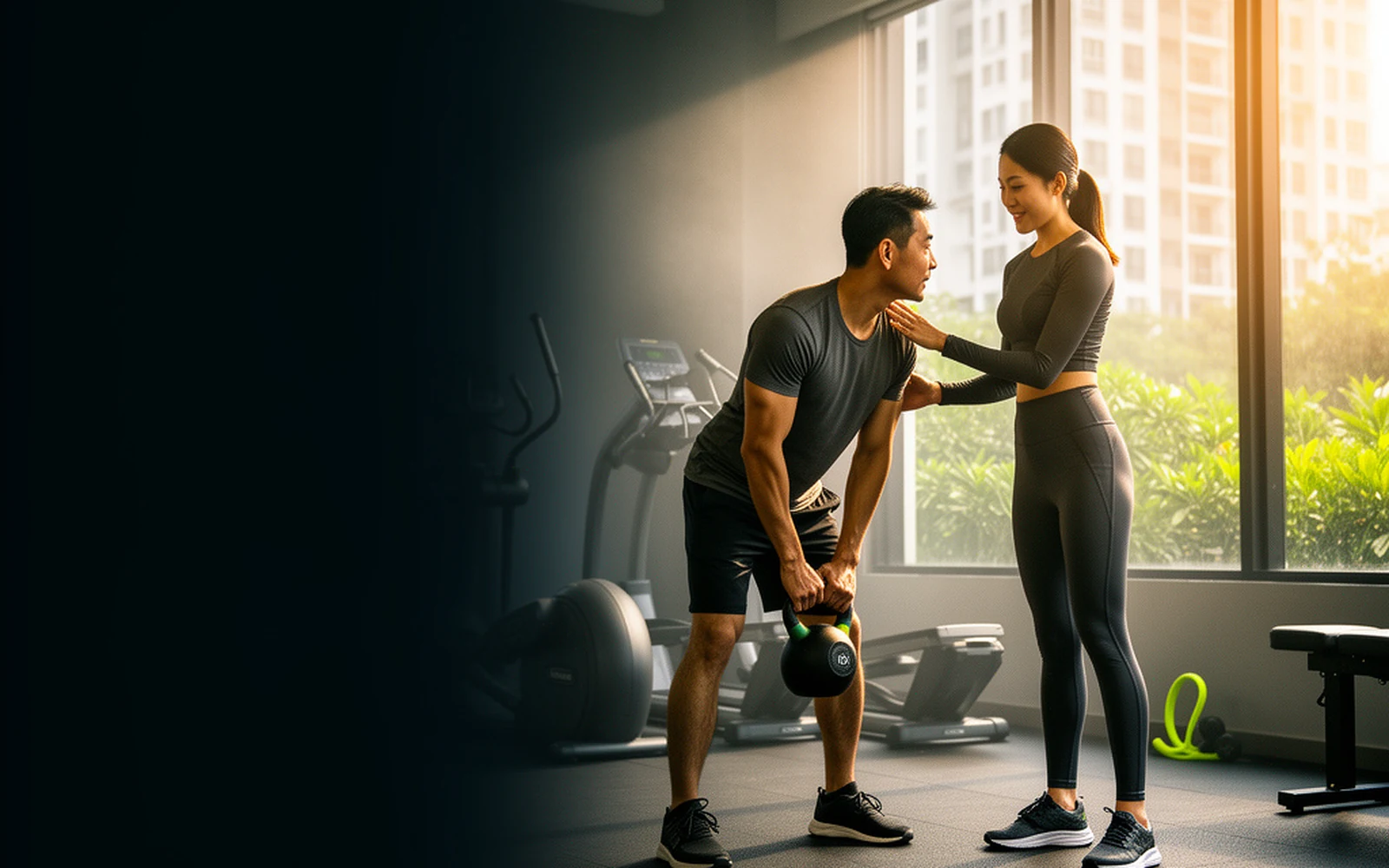 Personal trainer guiding a client through a workout in a residential gym