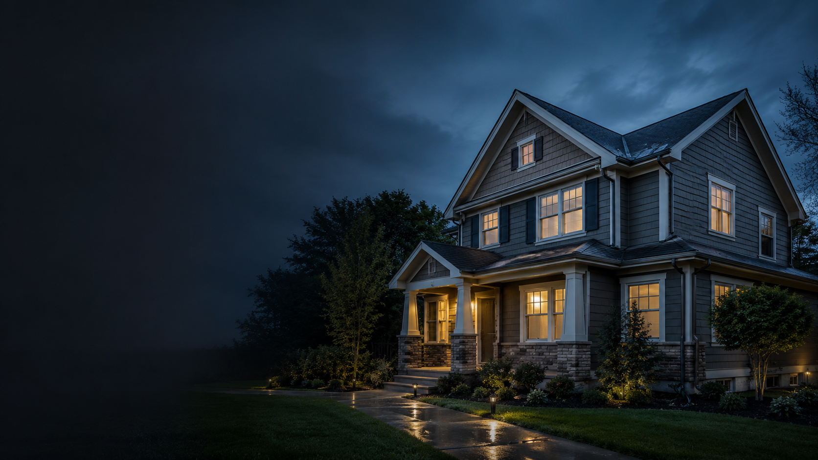 A well-kept home glowing warmly on a quiet evening