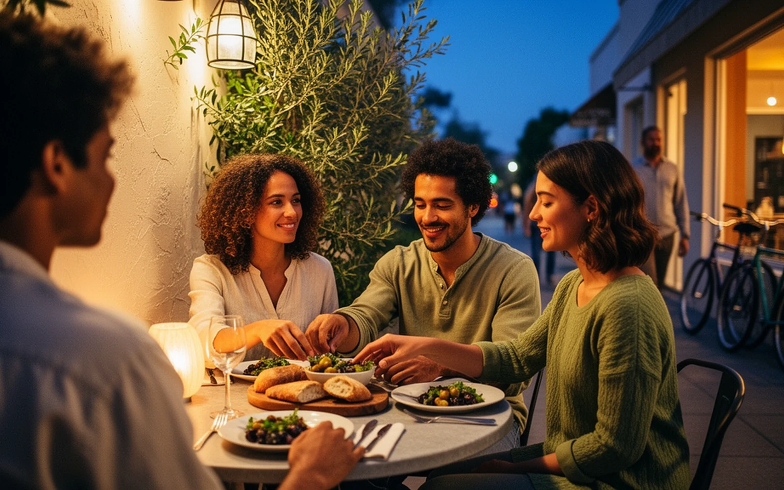 Friends sharing dinner outside in a neighborhood at blue hour