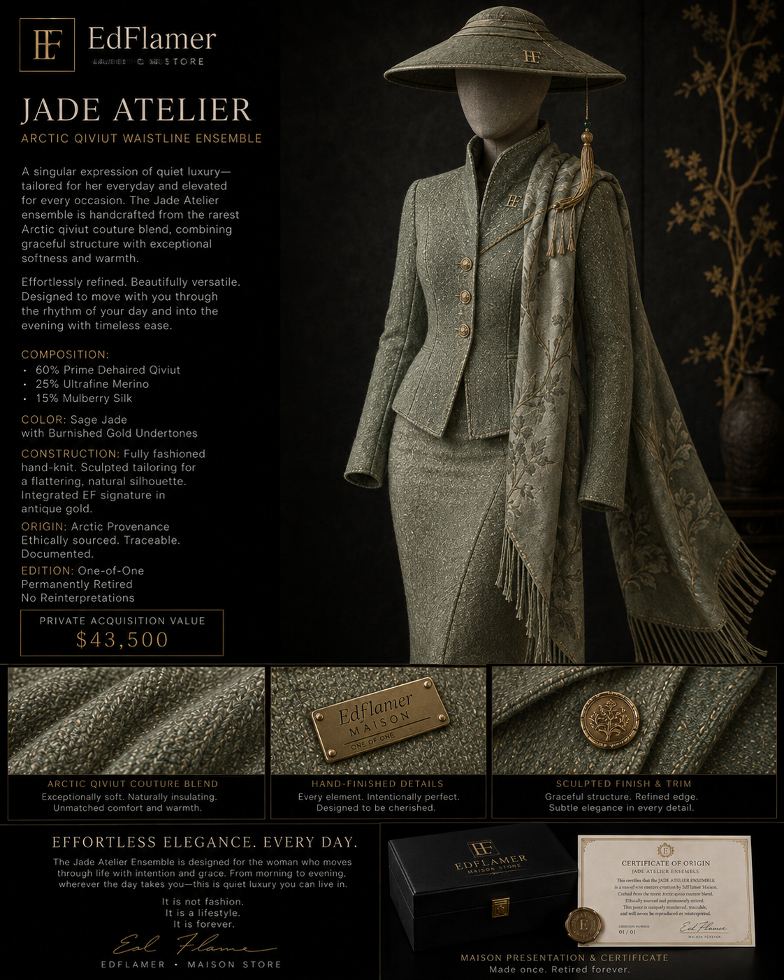 Jade Atelier concept board showing a jade-toned waistline ensemble with a wide-brim hat, draped scarf, textile close-ups, and written material panel.