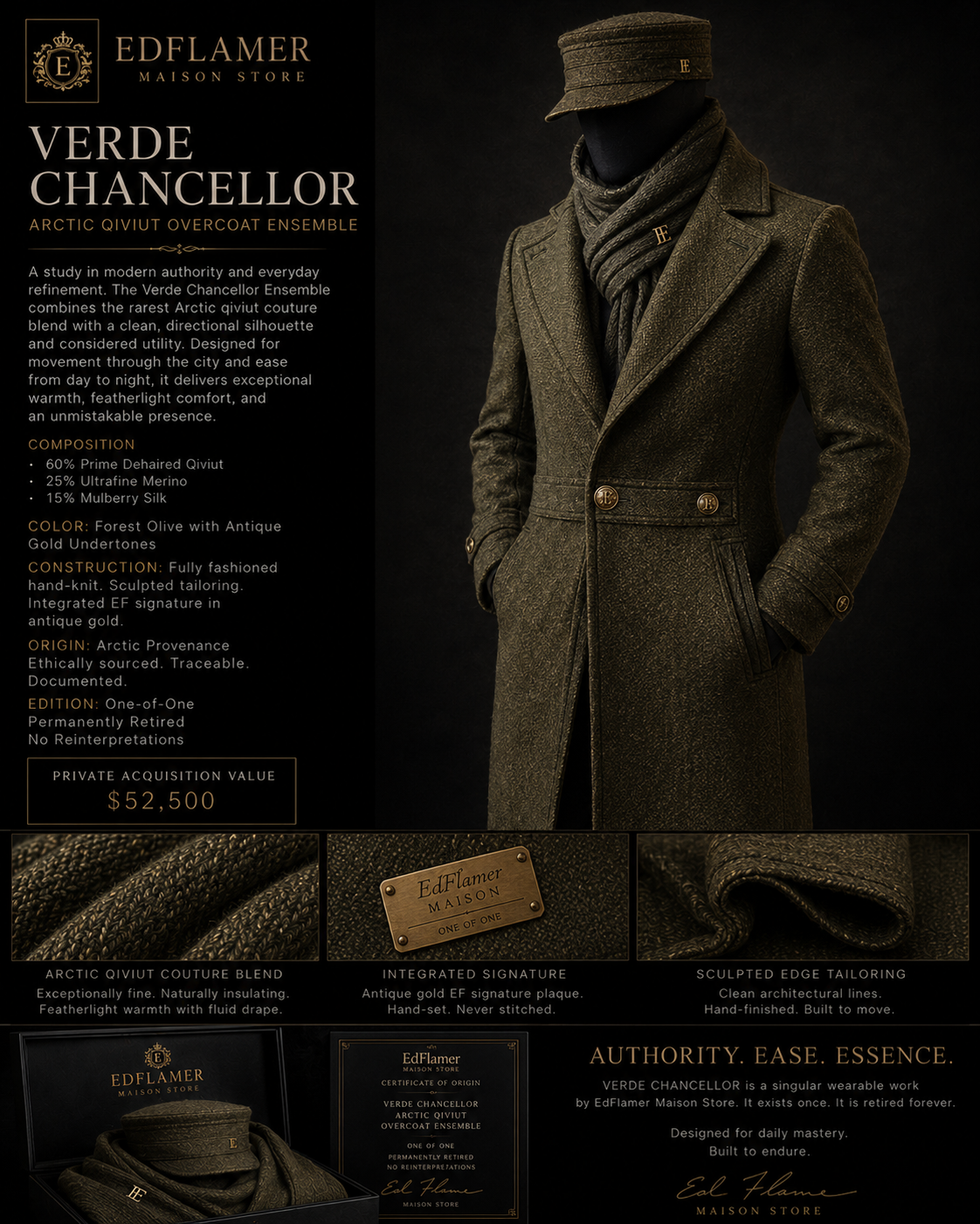 Verde Chancellor concept board showing a forest-olive overcoat ensemble with cap, scarf, textile close-ups, and written material panel.