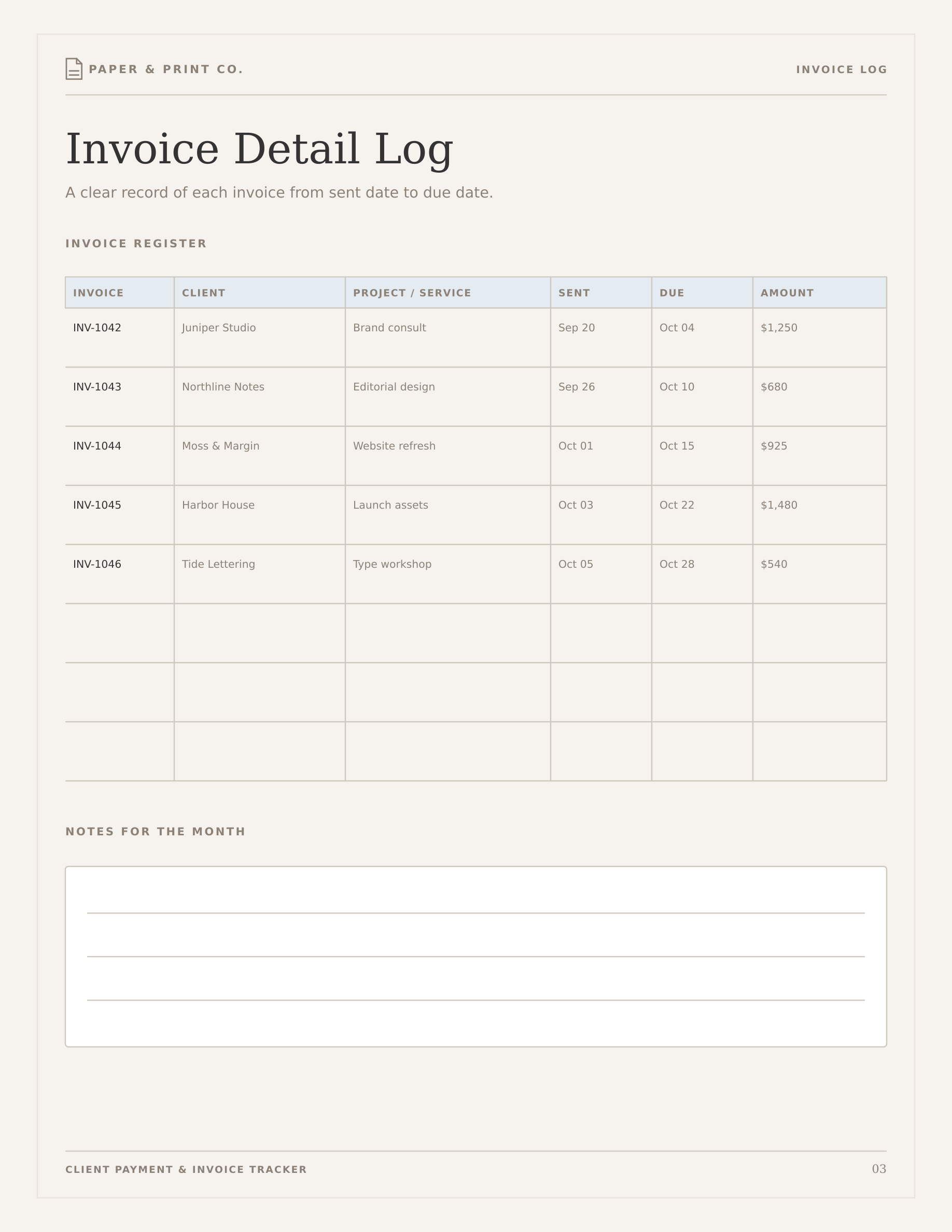 Client payment and invoice tracker invoice log page